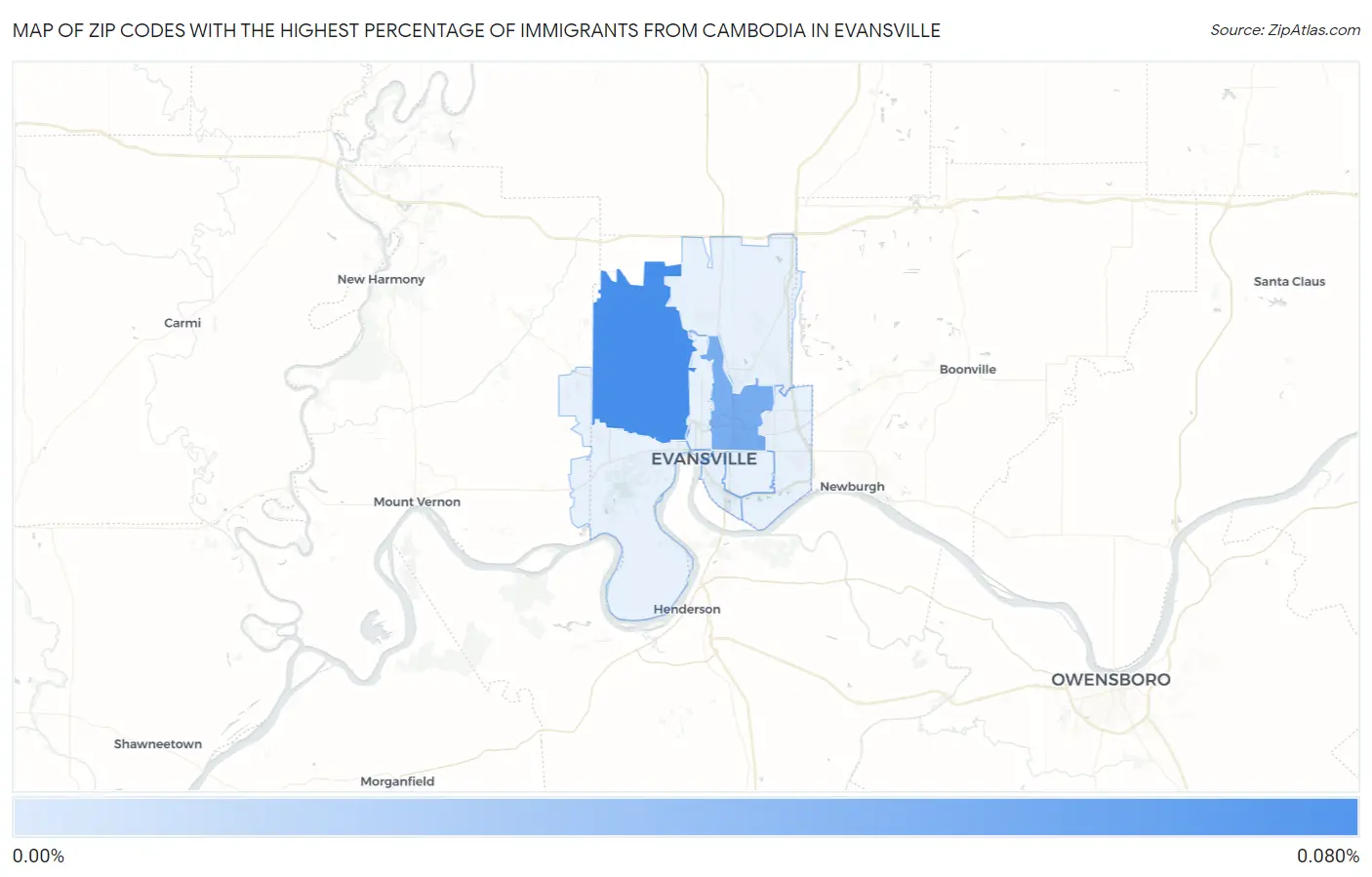Zip Codes with the Highest Percentage of Immigrants from Cambodia in Evansville Map