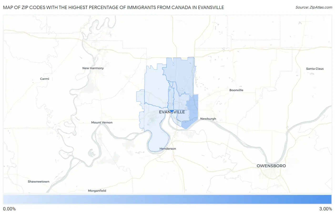 Zip Codes with the Highest Percentage of Immigrants from Canada in Evansville Map