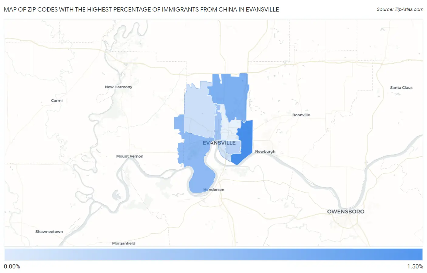 Zip Codes with the Highest Percentage of Immigrants from China in Evansville Map