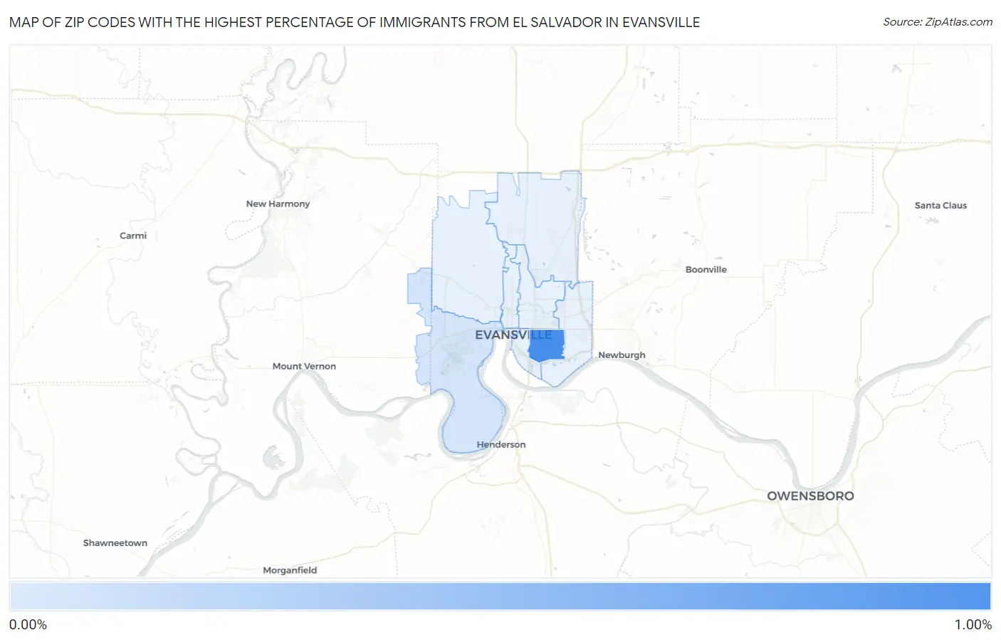 Zip Codes with the Highest Percentage of Immigrants from El Salvador in Evansville Map
