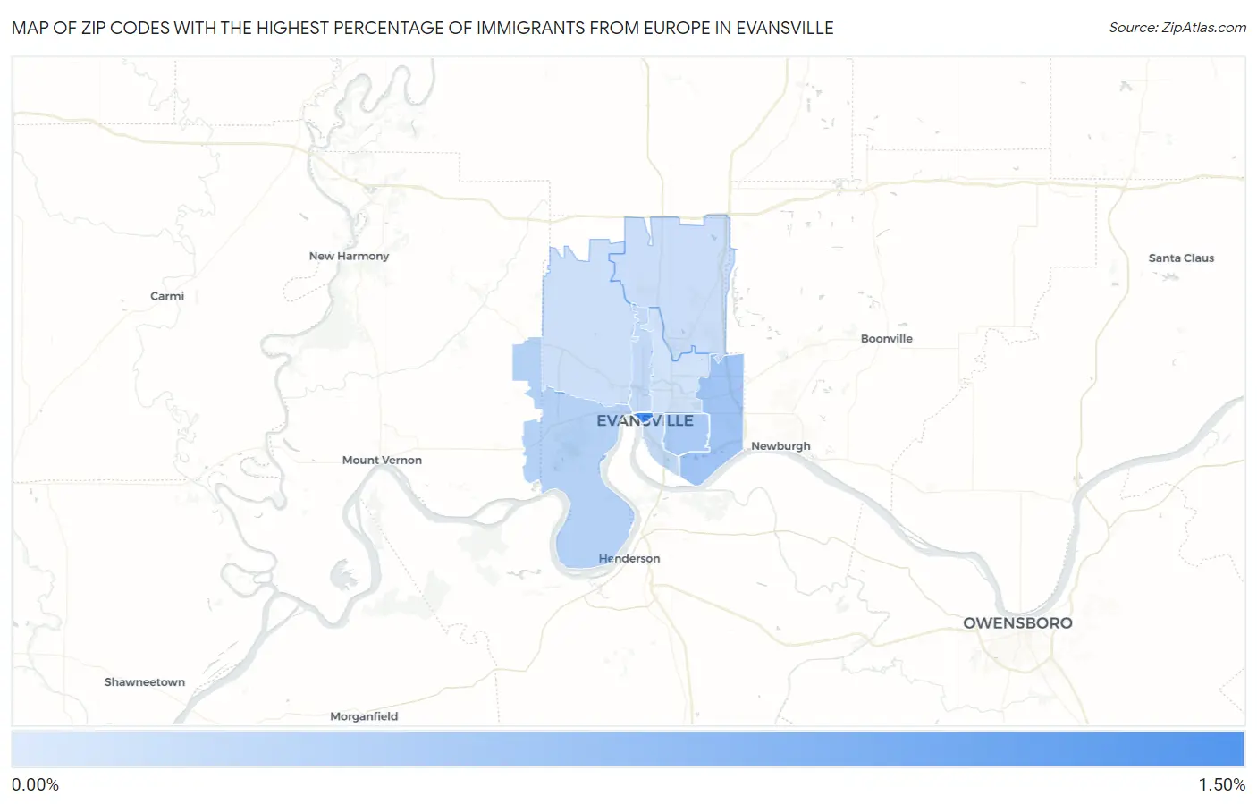 Zip Codes with the Highest Percentage of Immigrants from Europe in Evansville Map