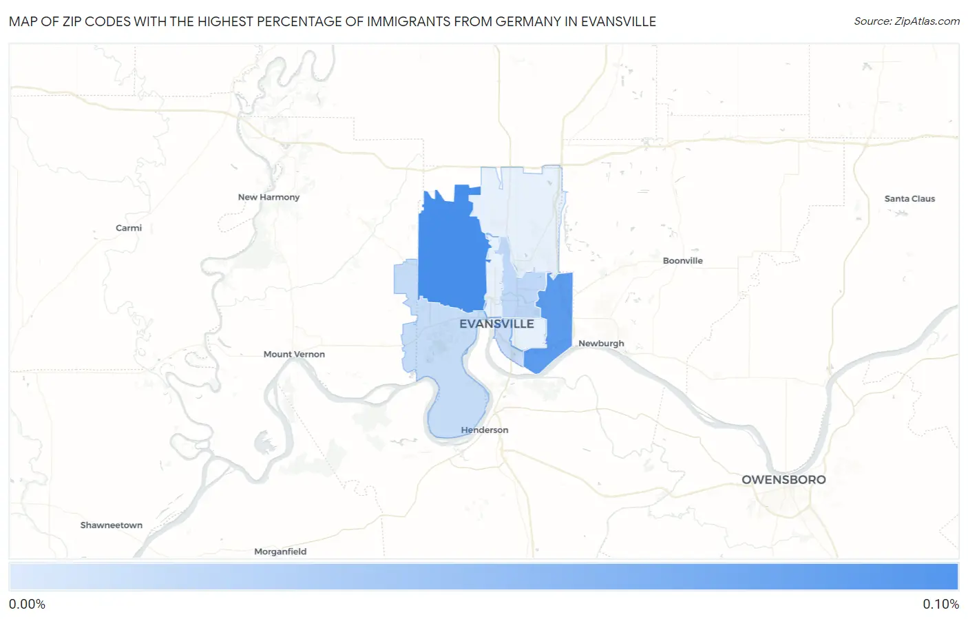 Zip Codes with the Highest Percentage of Immigrants from Germany in Evansville Map