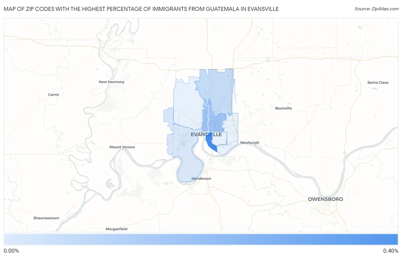 Zip Codes with the Highest Percentage of Immigrants from Guatemala in Evansville Map