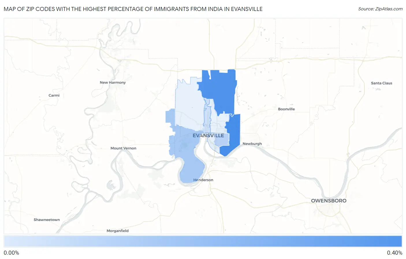 Zip Codes with the Highest Percentage of Immigrants from India in Evansville Map