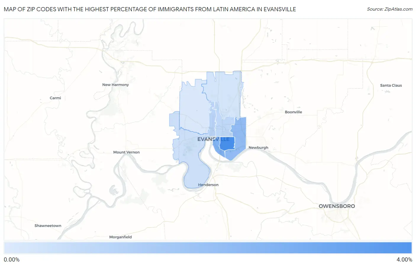 Zip Codes with the Highest Percentage of Immigrants from Latin America in Evansville Map