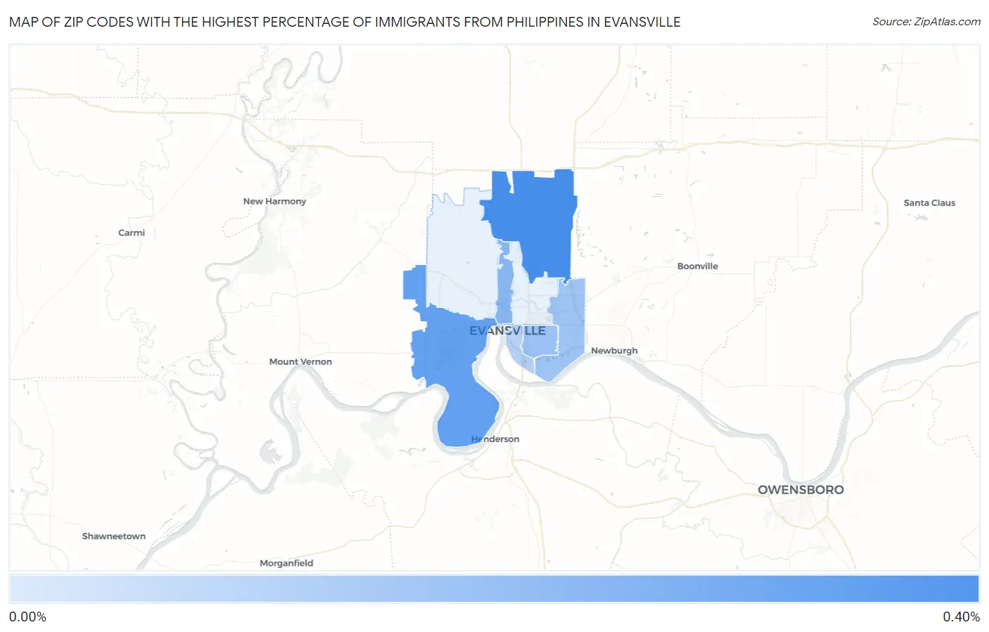 Zip Codes with the Highest Percentage of Immigrants from Philippines in Evansville Map