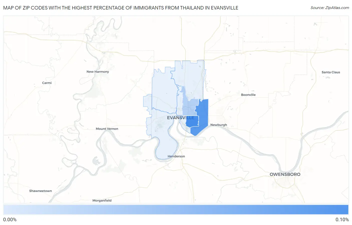 Zip Codes with the Highest Percentage of Immigrants from Thailand in Evansville Map