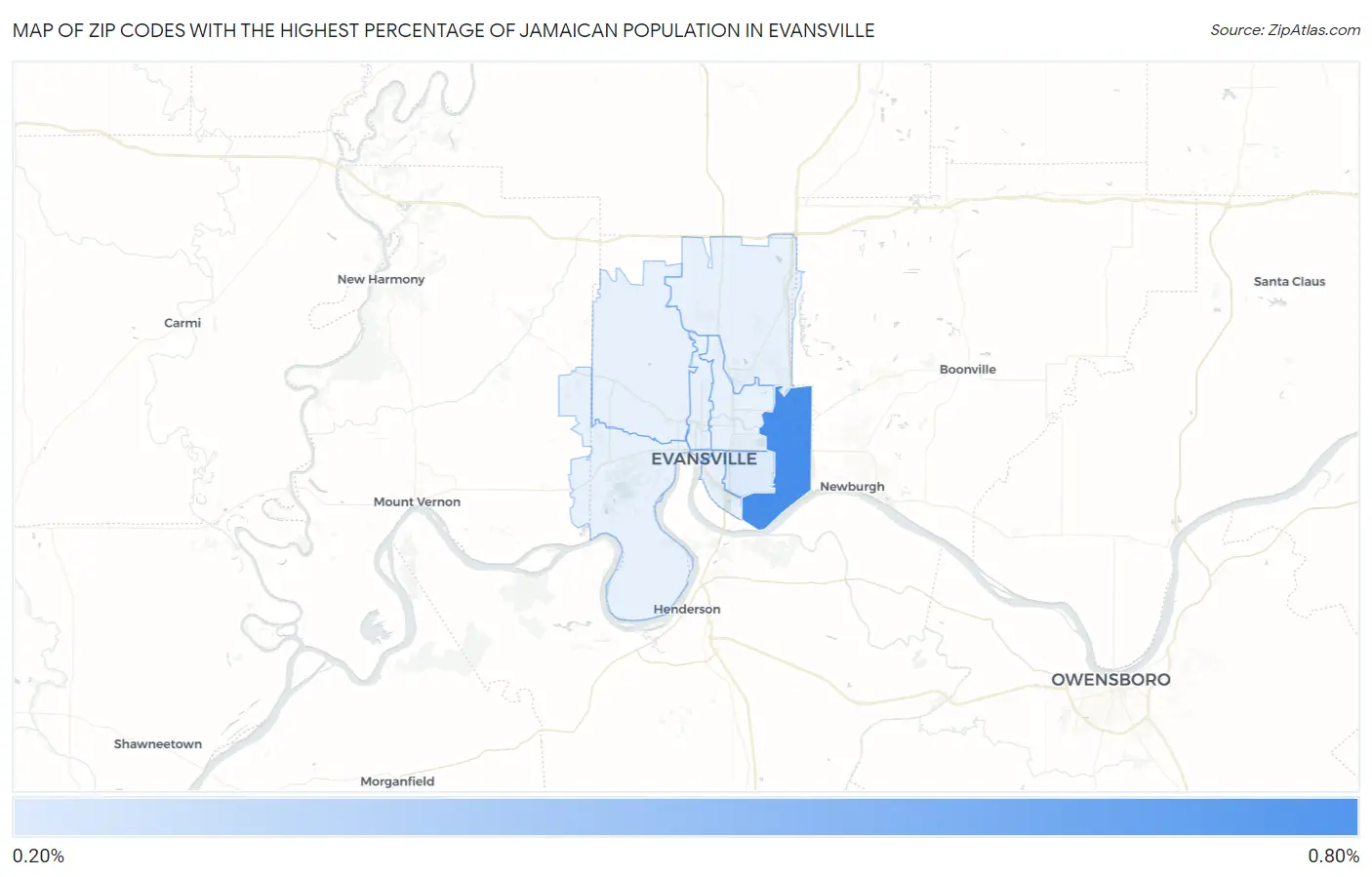 Zip Codes with the Highest Percentage of Jamaican Population in Evansville Map
