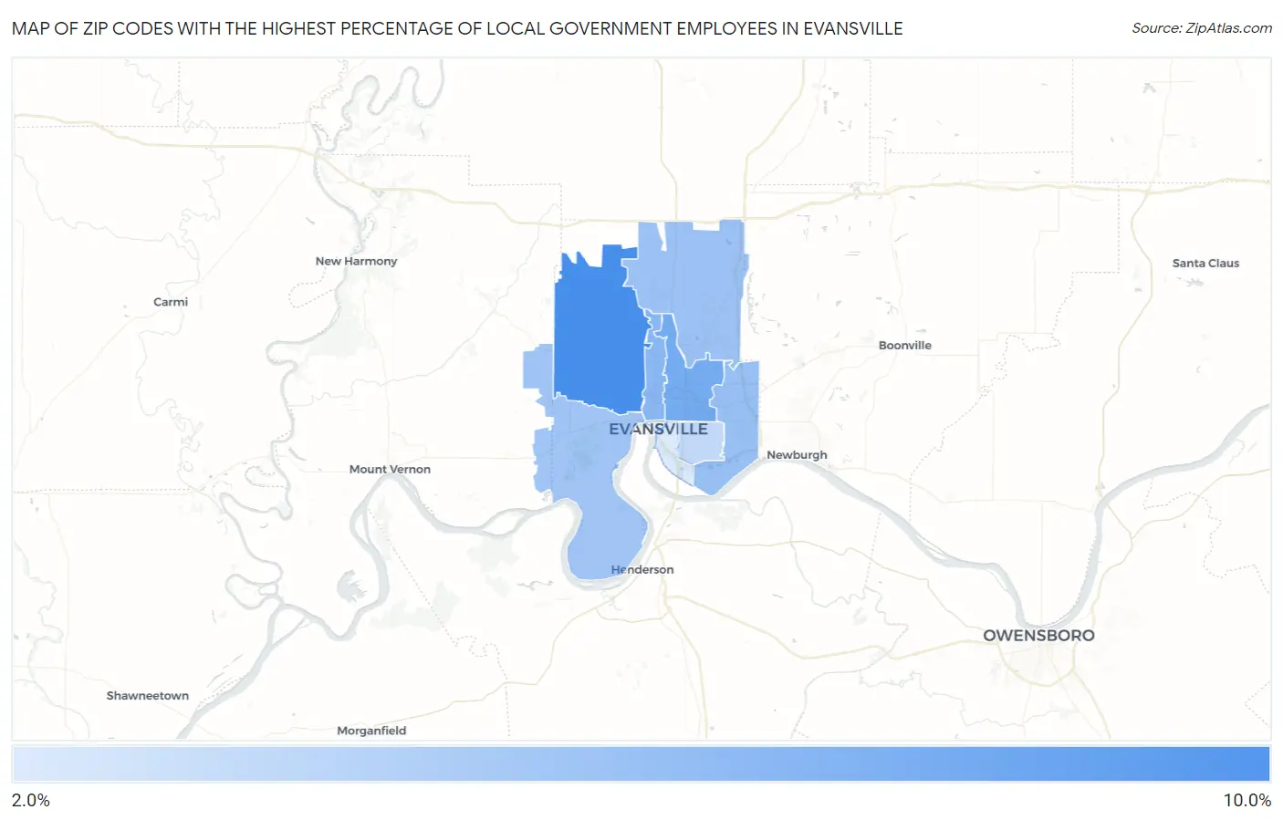 Zip Codes with the Highest Percentage of Local Government Employees in Evansville Map