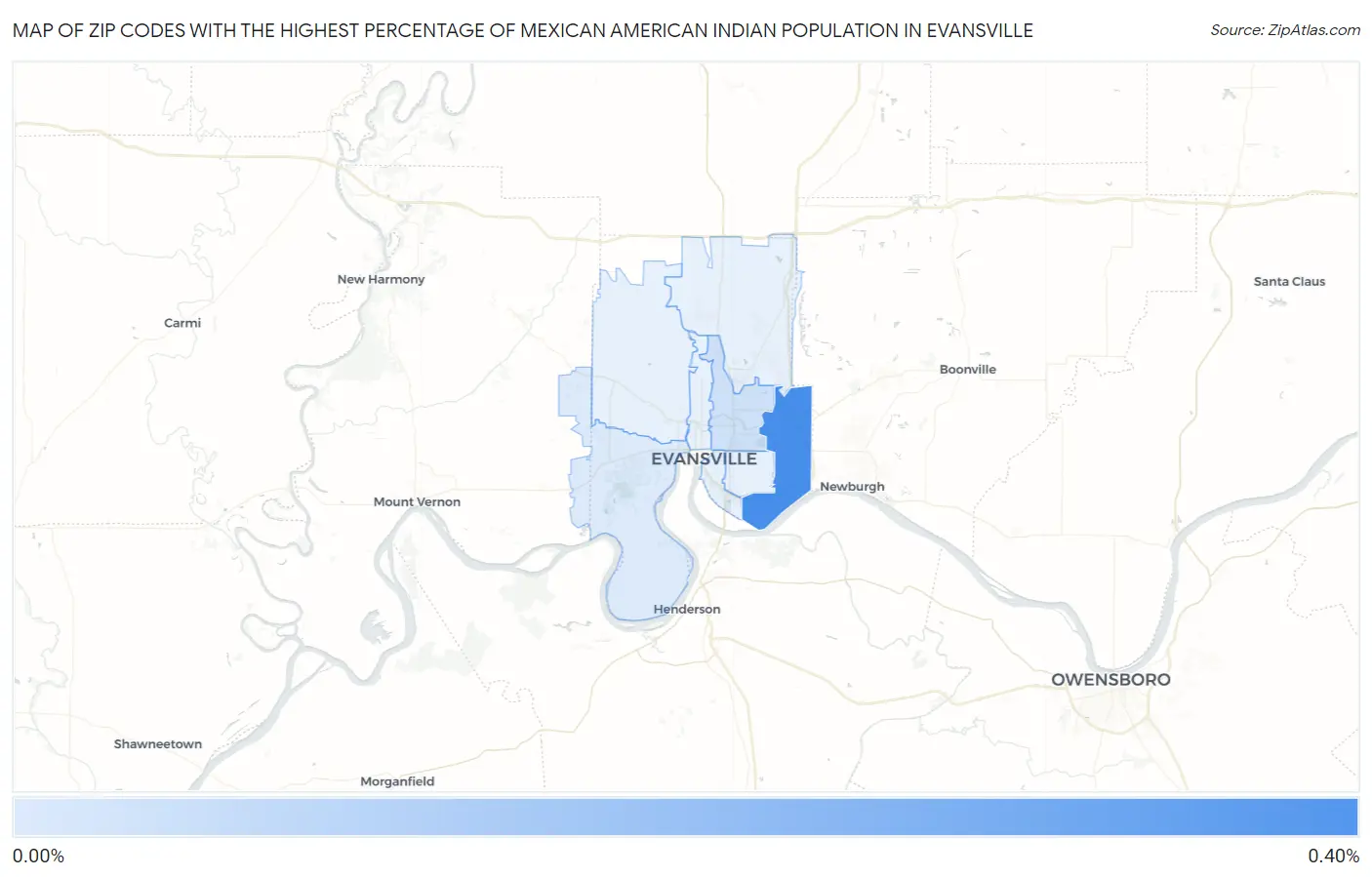 Zip Codes with the Highest Percentage of Mexican American Indian Population in Evansville Map