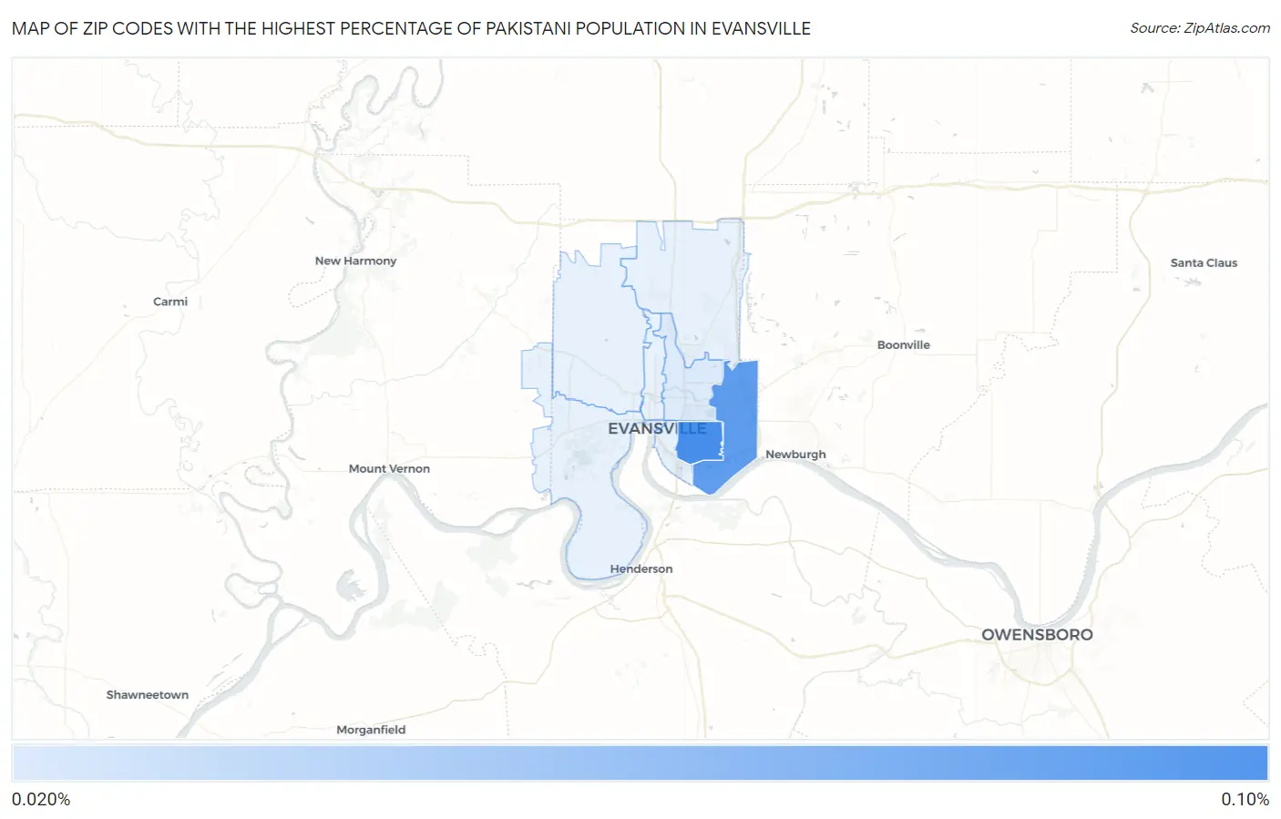 Zip Codes with the Highest Percentage of Pakistani Population in Evansville Map