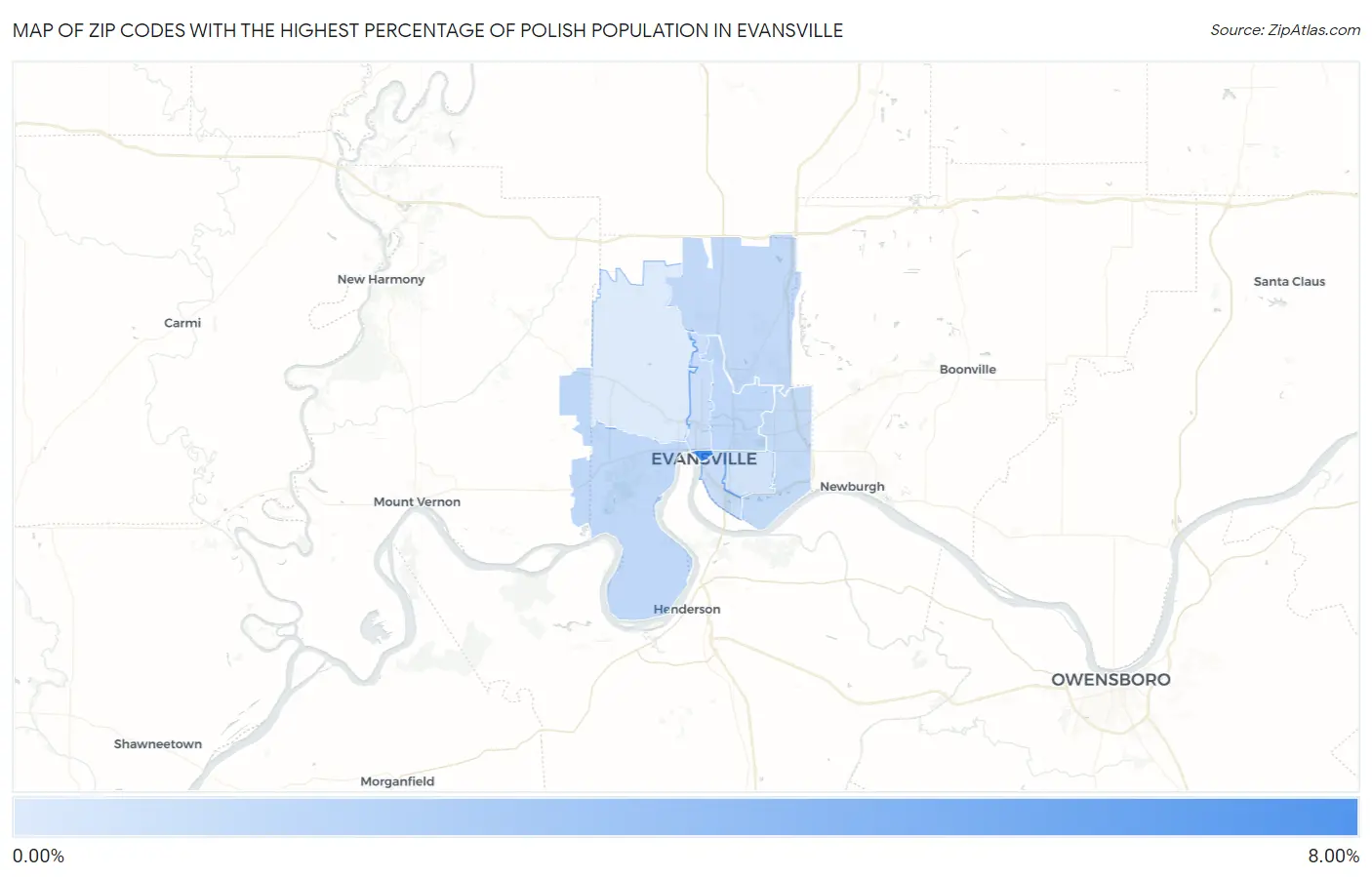 Zip Codes with the Highest Percentage of Polish Population in Evansville Map