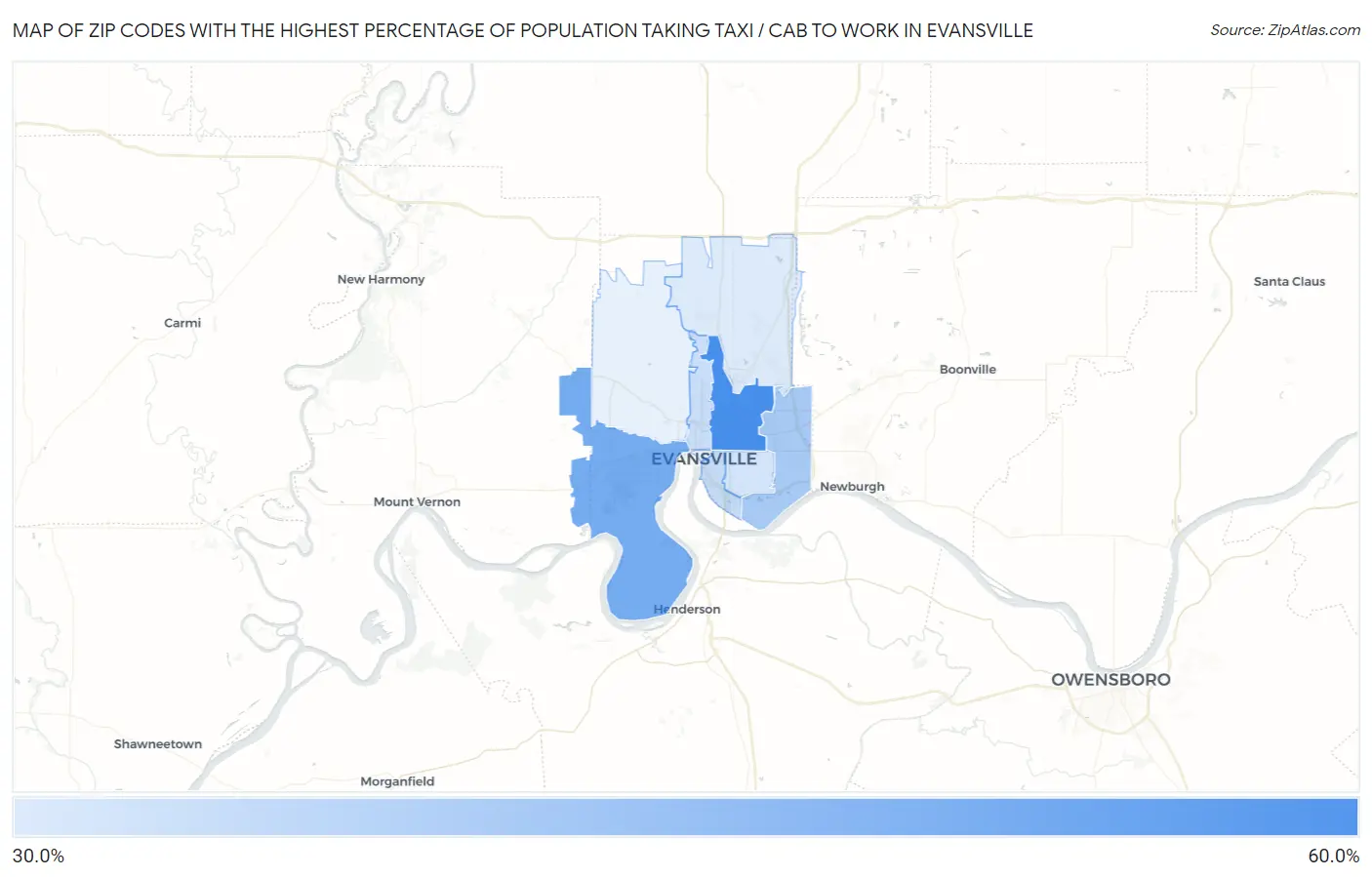 Zip Codes with the Highest Percentage of Population Taking Taxi / Cab to Work in Evansville Map