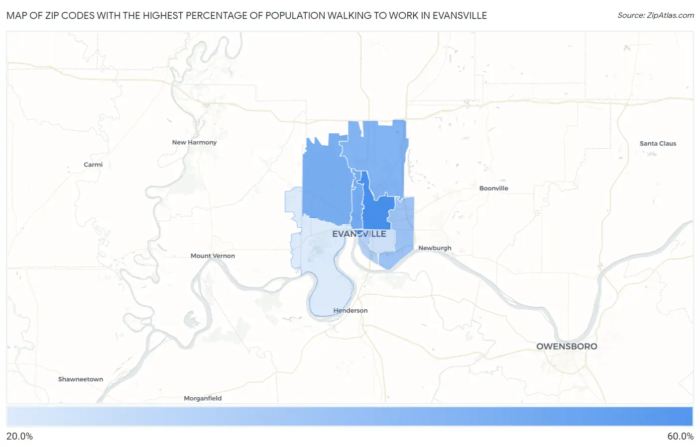 Zip Codes with the Highest Percentage of Population Walking to Work in Evansville Map