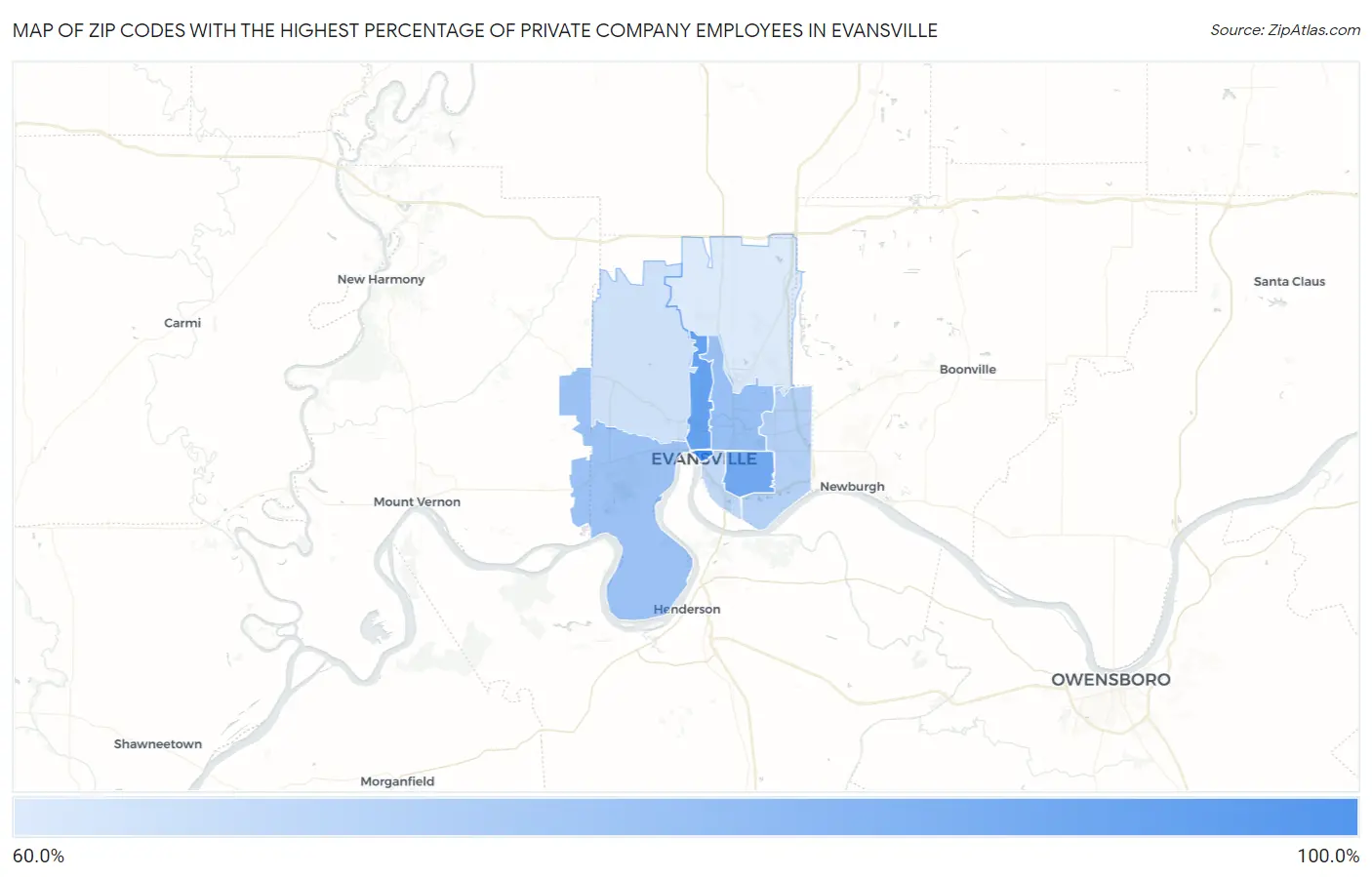Zip Codes with the Highest Percentage of Private Company Employees in Evansville Map