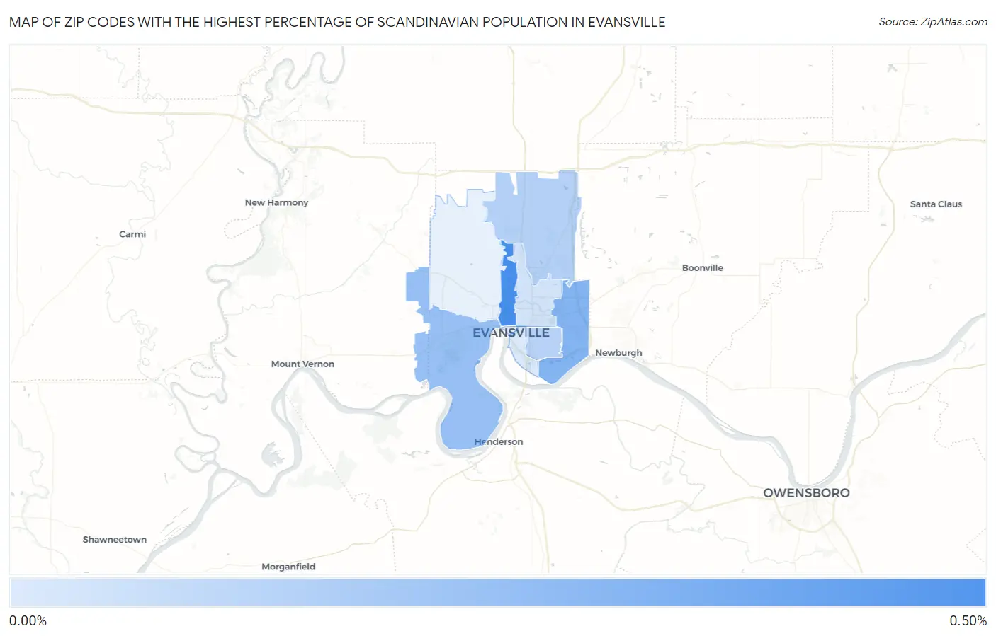 Zip Codes with the Highest Percentage of Scandinavian Population in Evansville Map