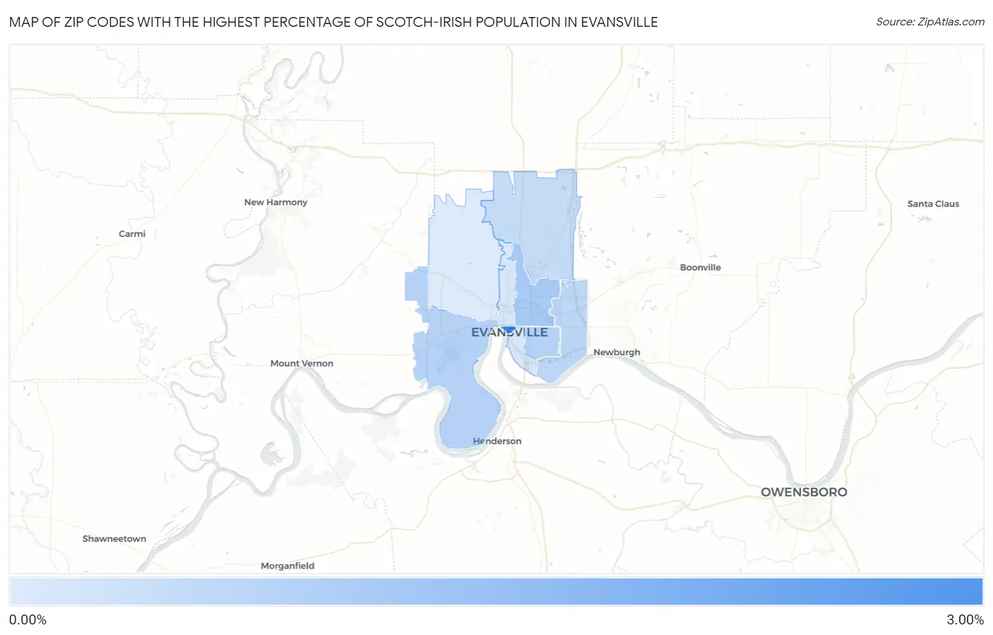 Zip Codes with the Highest Percentage of Scotch-Irish Population in Evansville Map