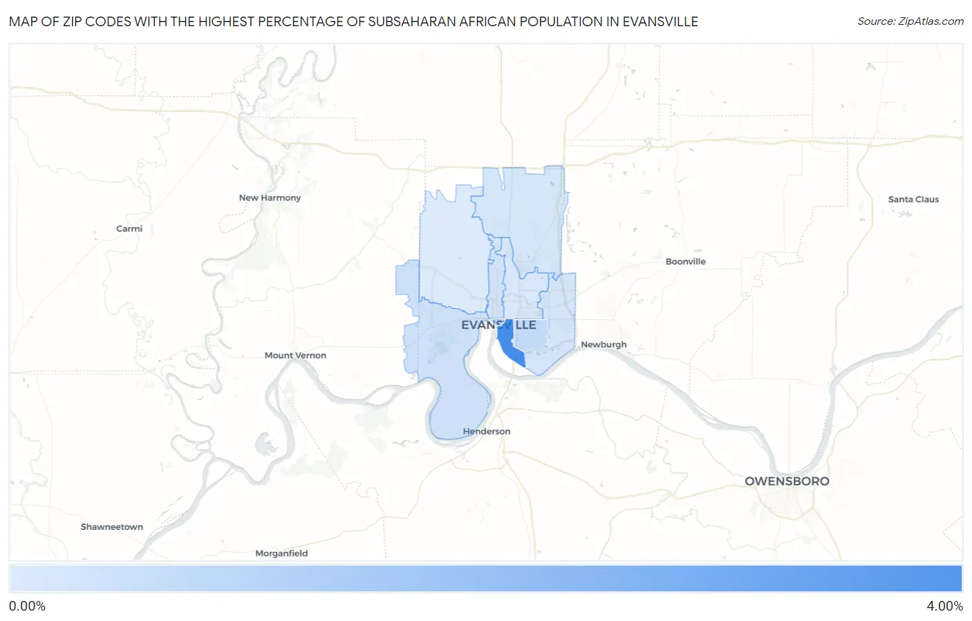 Zip Codes with the Highest Percentage of Subsaharan African Population in Evansville Map