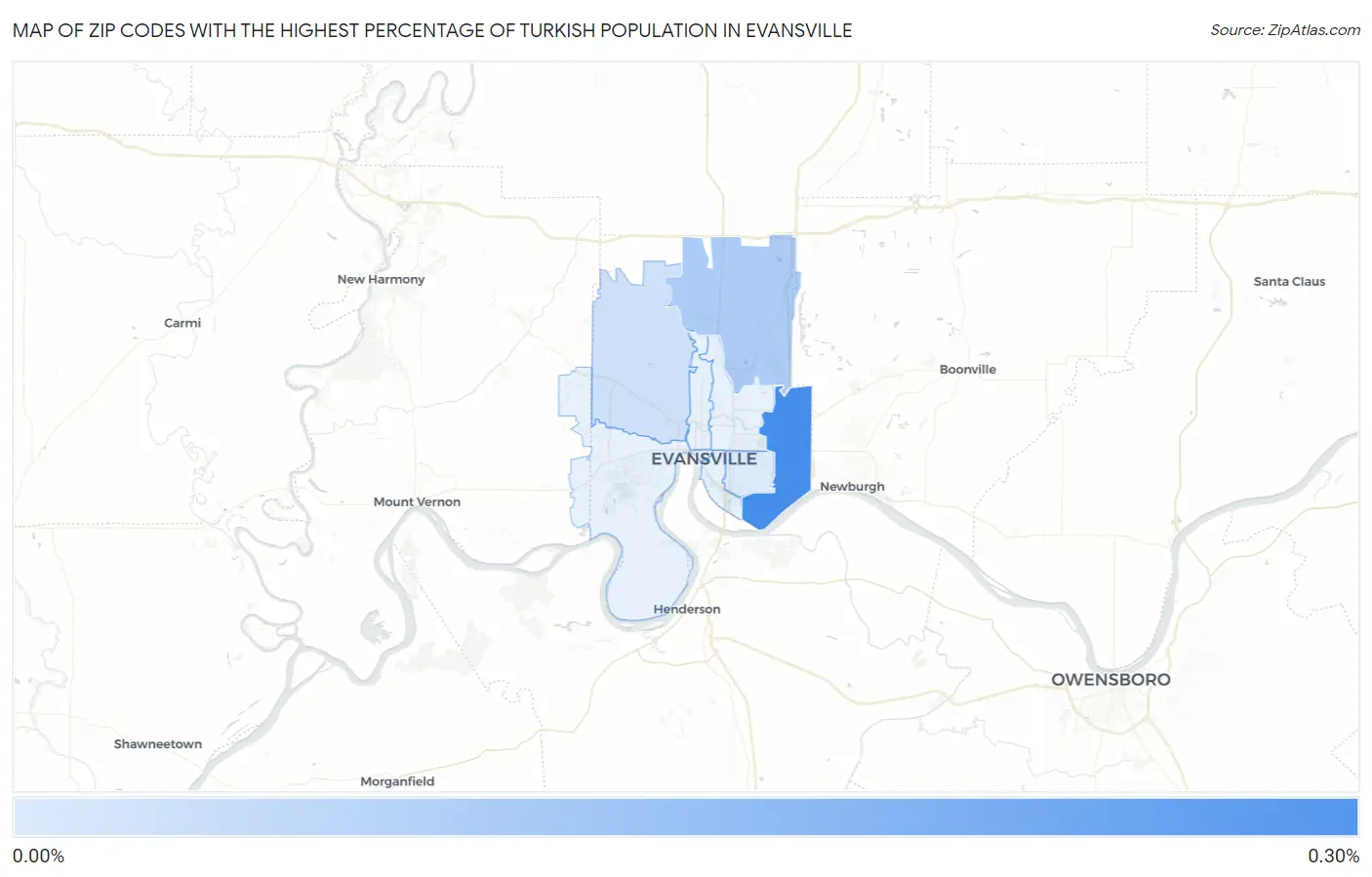 Zip Codes with the Highest Percentage of Turkish Population in Evansville Map