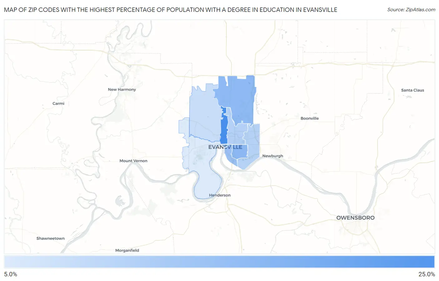 Zip Codes with the Highest Percentage of Population with a Degree in Education in Evansville Map