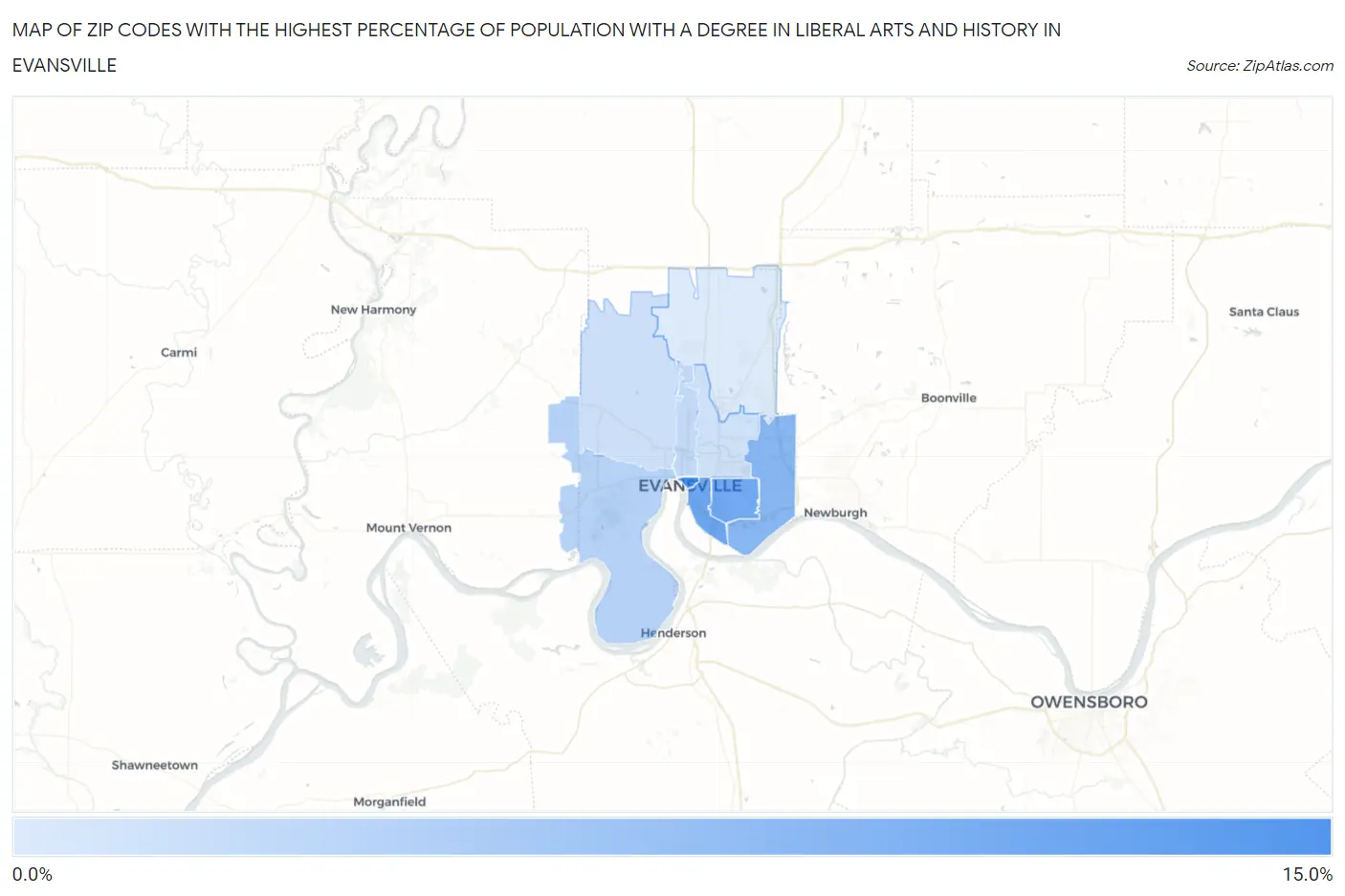 Zip Codes with the Highest Percentage of Population with a Degree in Liberal Arts and History in Evansville Map