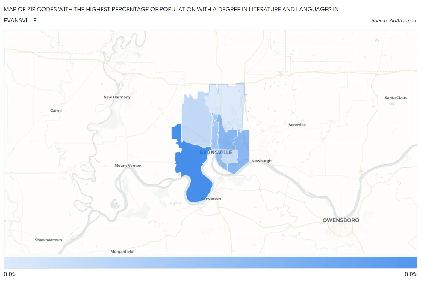 Zip Codes with the Highest Percentage of Population with a Degree in Literature and Languages in Evansville Map