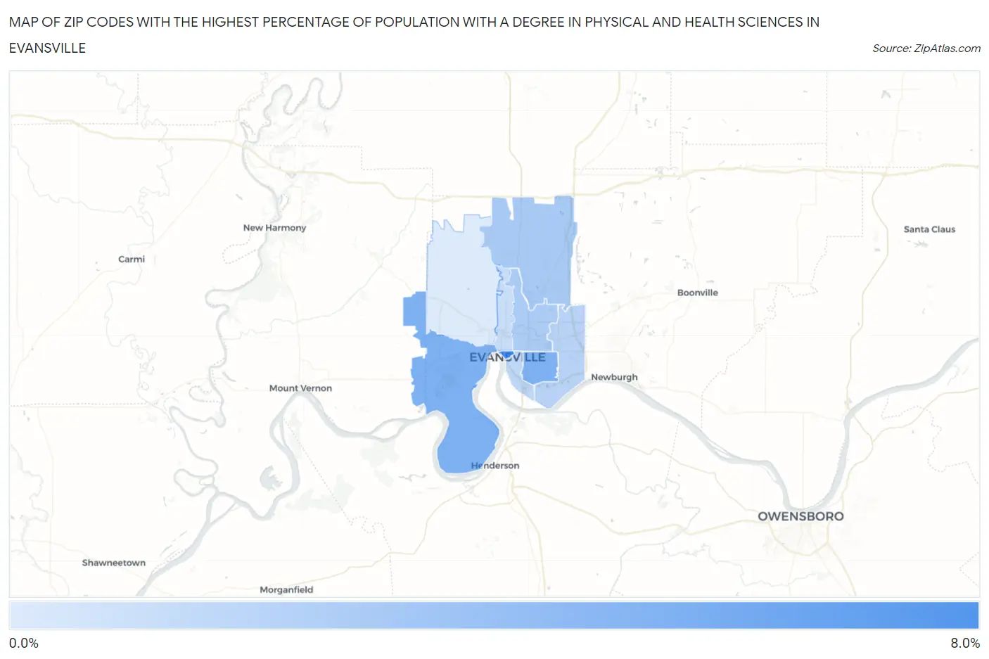 Zip Codes with the Highest Percentage of Population with a Degree in Physical and Health Sciences in Evansville Map