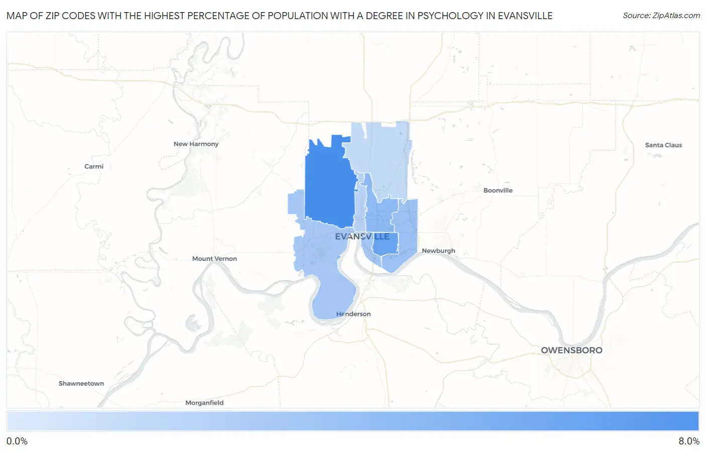 Zip Codes with the Highest Percentage of Population with a Degree in Psychology in Evansville Map