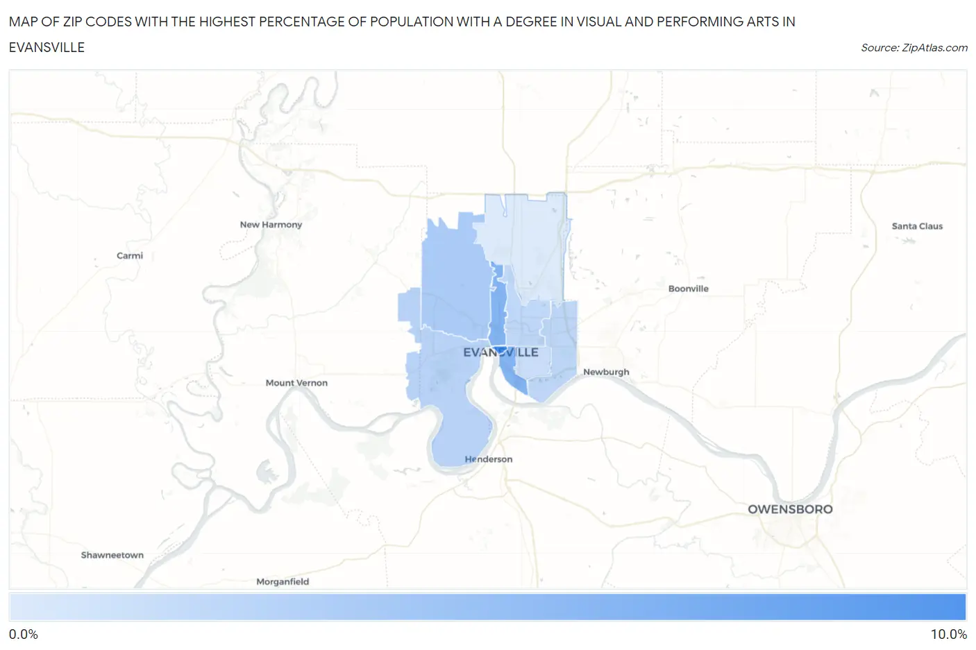 Zip Codes with the Highest Percentage of Population with a Degree in Visual and Performing Arts in Evansville Map