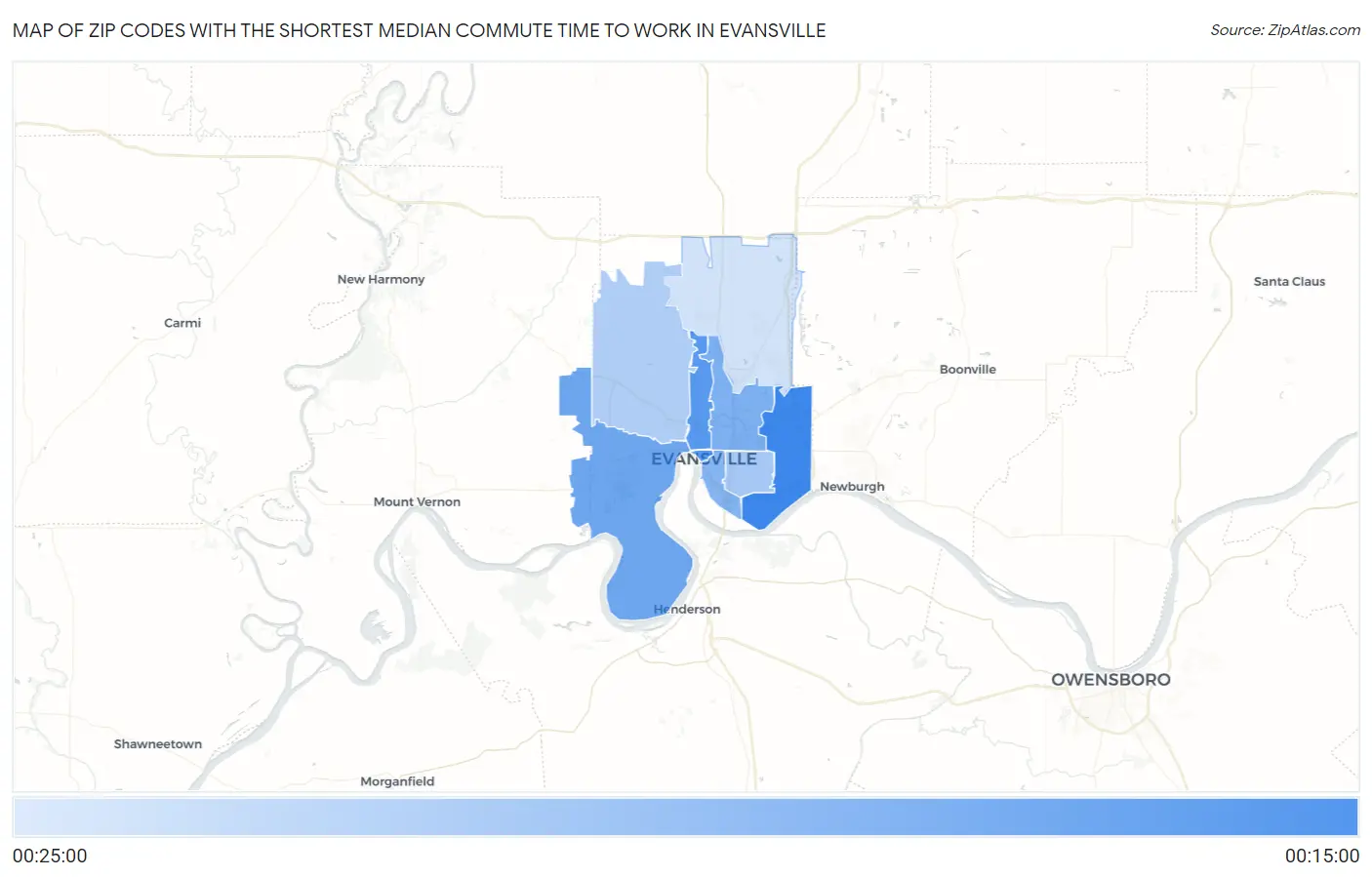Zip Codes with the Shortest Median Commute Time to Work in Evansville Map