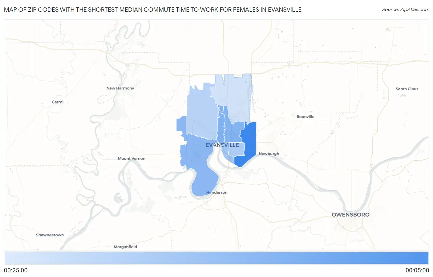 Zip Codes with the Shortest Median Commute Time to Work for Females in Evansville Map