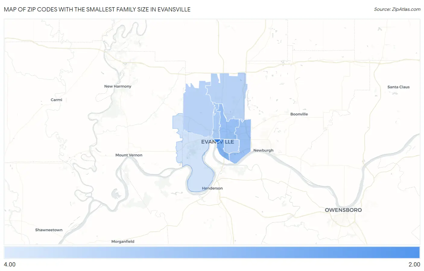 Zip Codes with the Smallest Family Size in Evansville Map