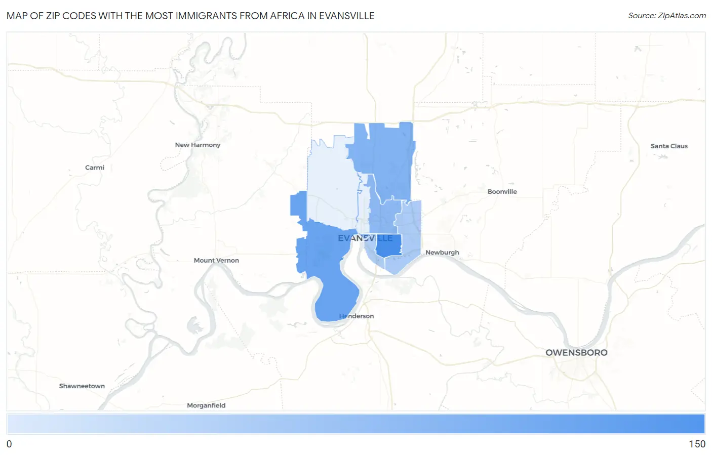 Zip Codes with the Most Immigrants from Africa in Evansville Map