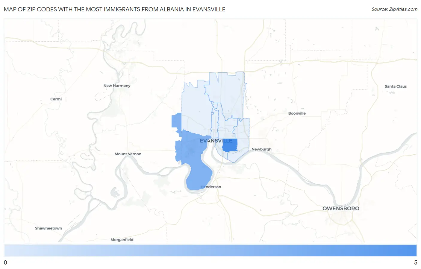 Zip Codes with the Most Immigrants from Albania in Evansville Map