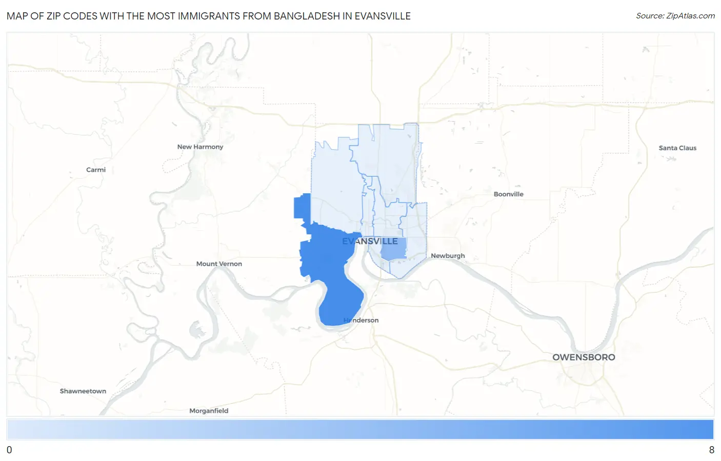 Zip Codes with the Most Immigrants from Bangladesh in Evansville Map
