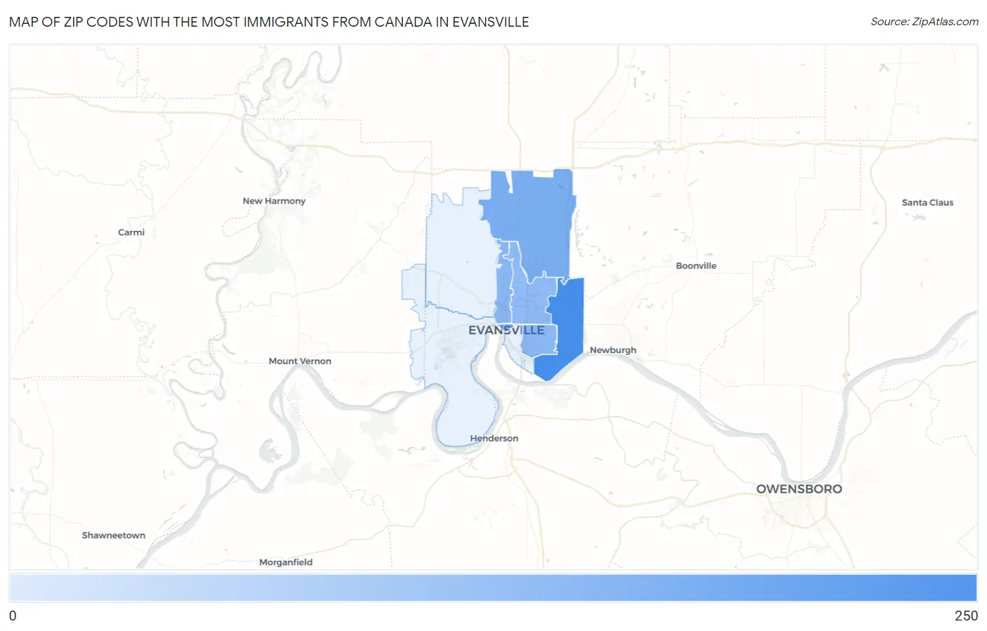 Zip Codes with the Most Immigrants from Canada in Evansville Map