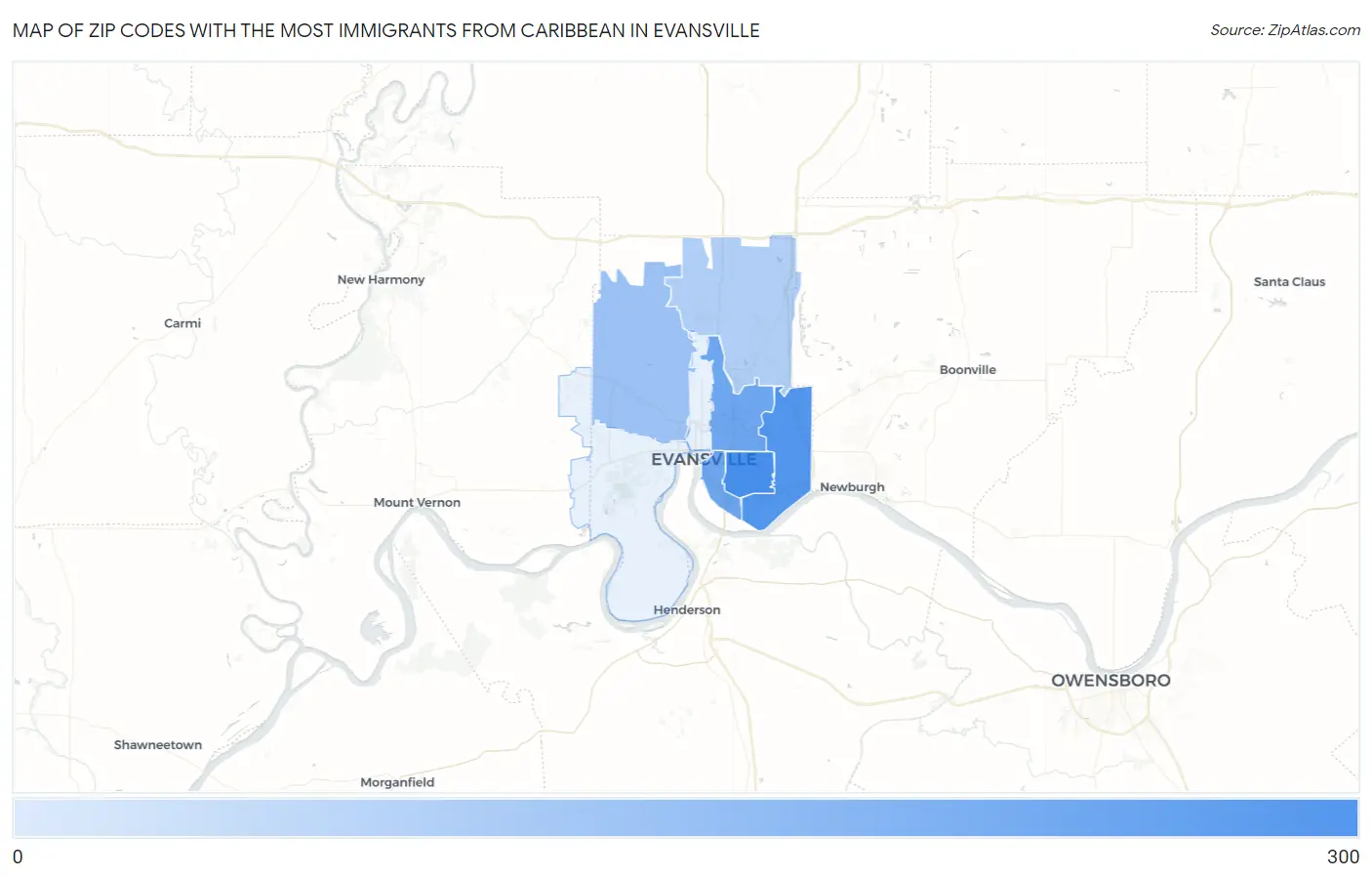 Zip Codes with the Most Immigrants from Caribbean in Evansville Map
