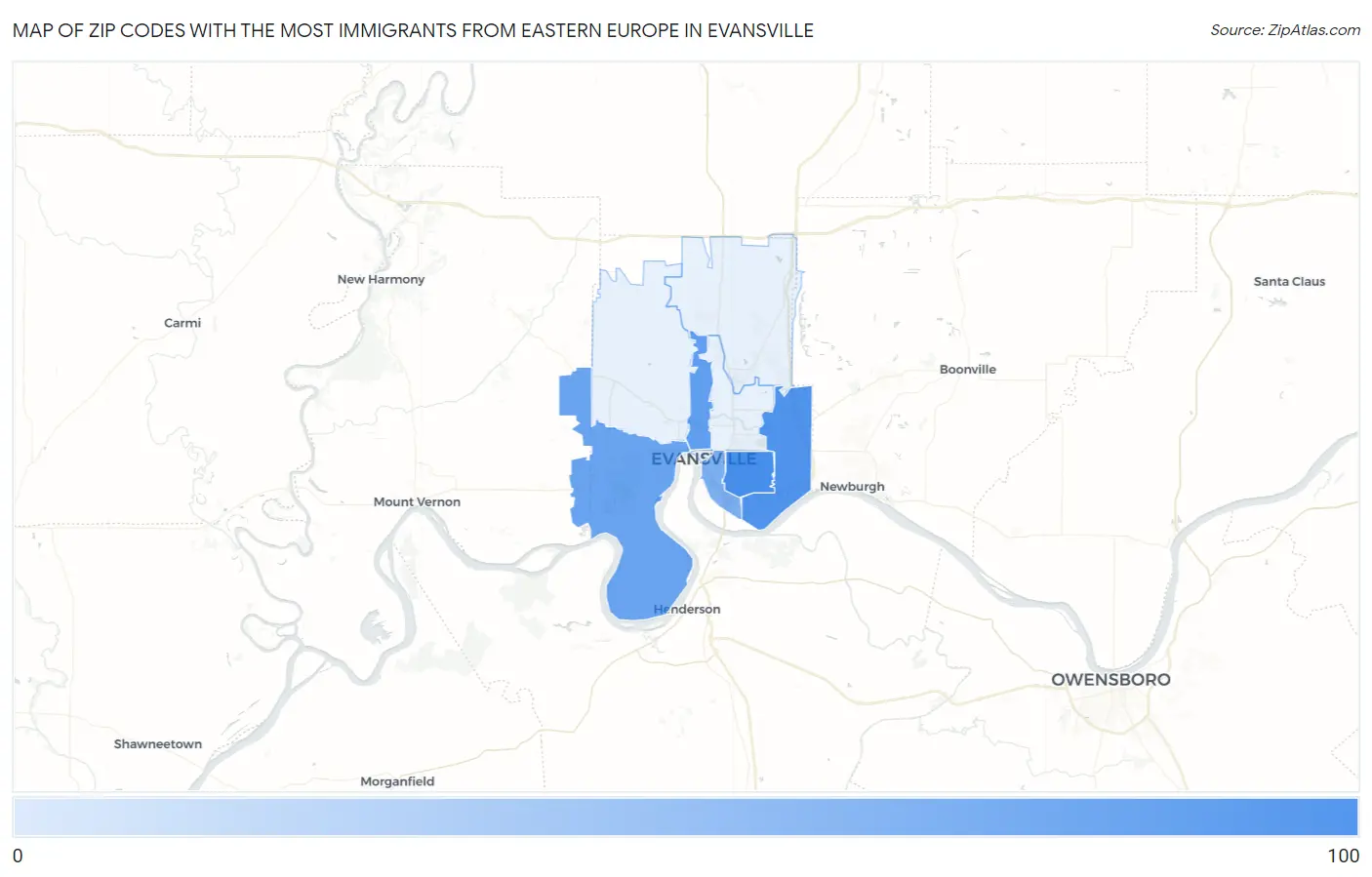 Zip Codes with the Most Immigrants from Eastern Europe in Evansville Map