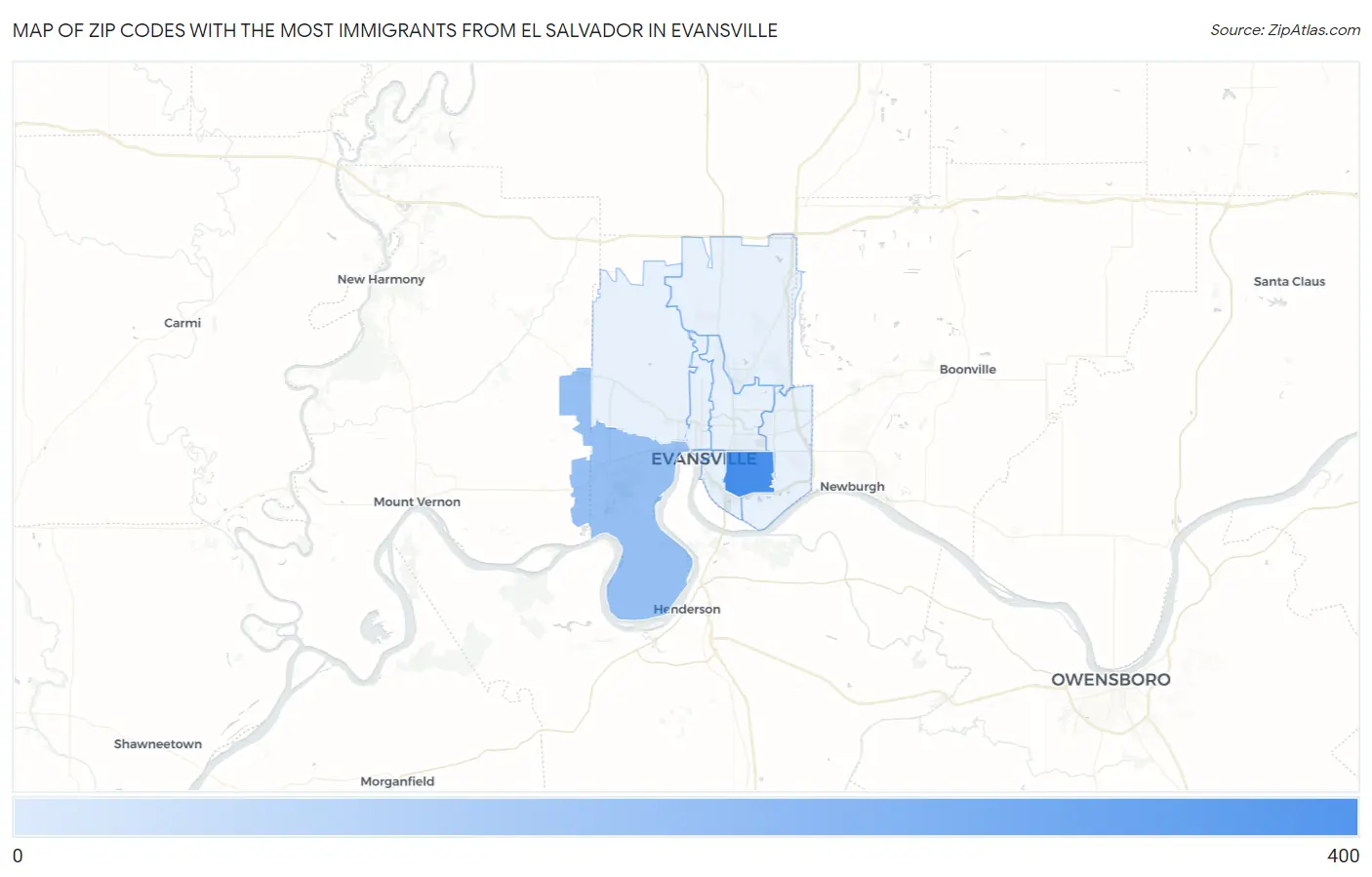 Zip Codes with the Most Immigrants from El Salvador in Evansville Map