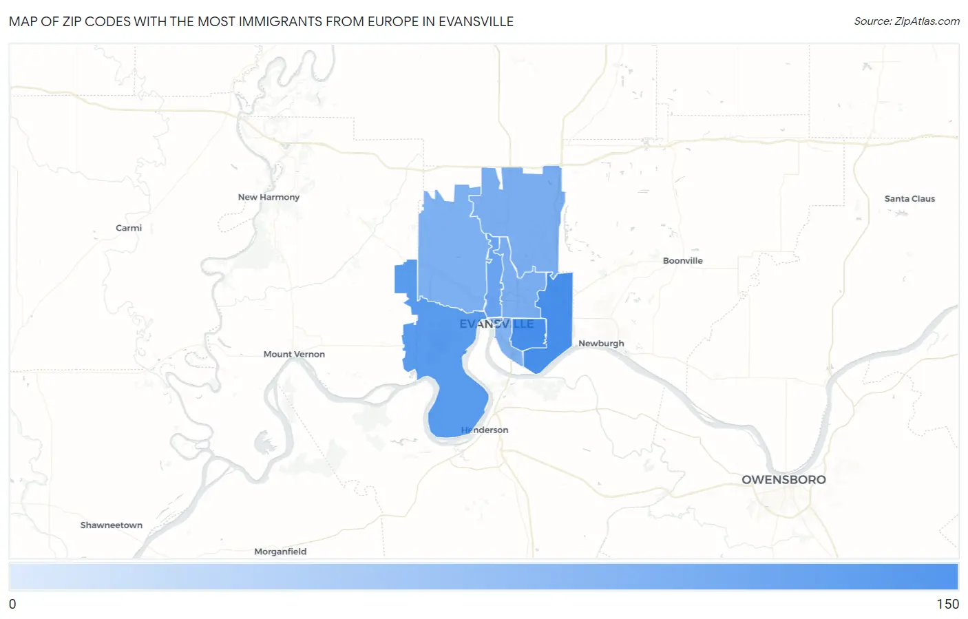 Zip Codes with the Most Immigrants from Europe in Evansville Map