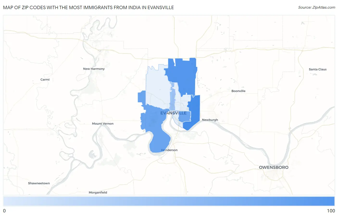 Zip Codes with the Most Immigrants from India in Evansville Map