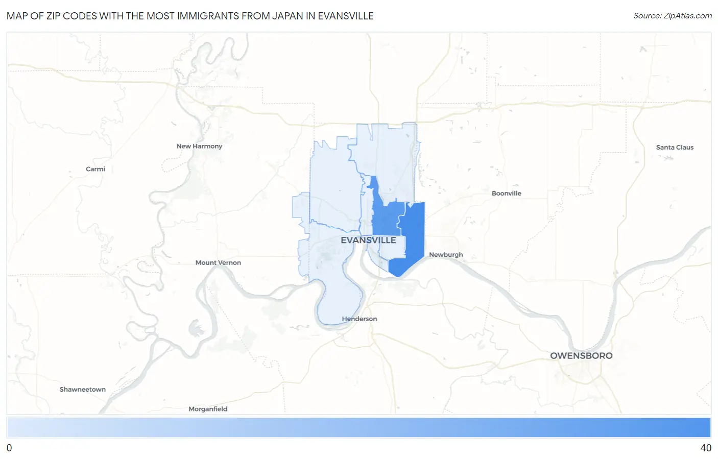 Zip Codes with the Most Immigrants from Japan in Evansville Map