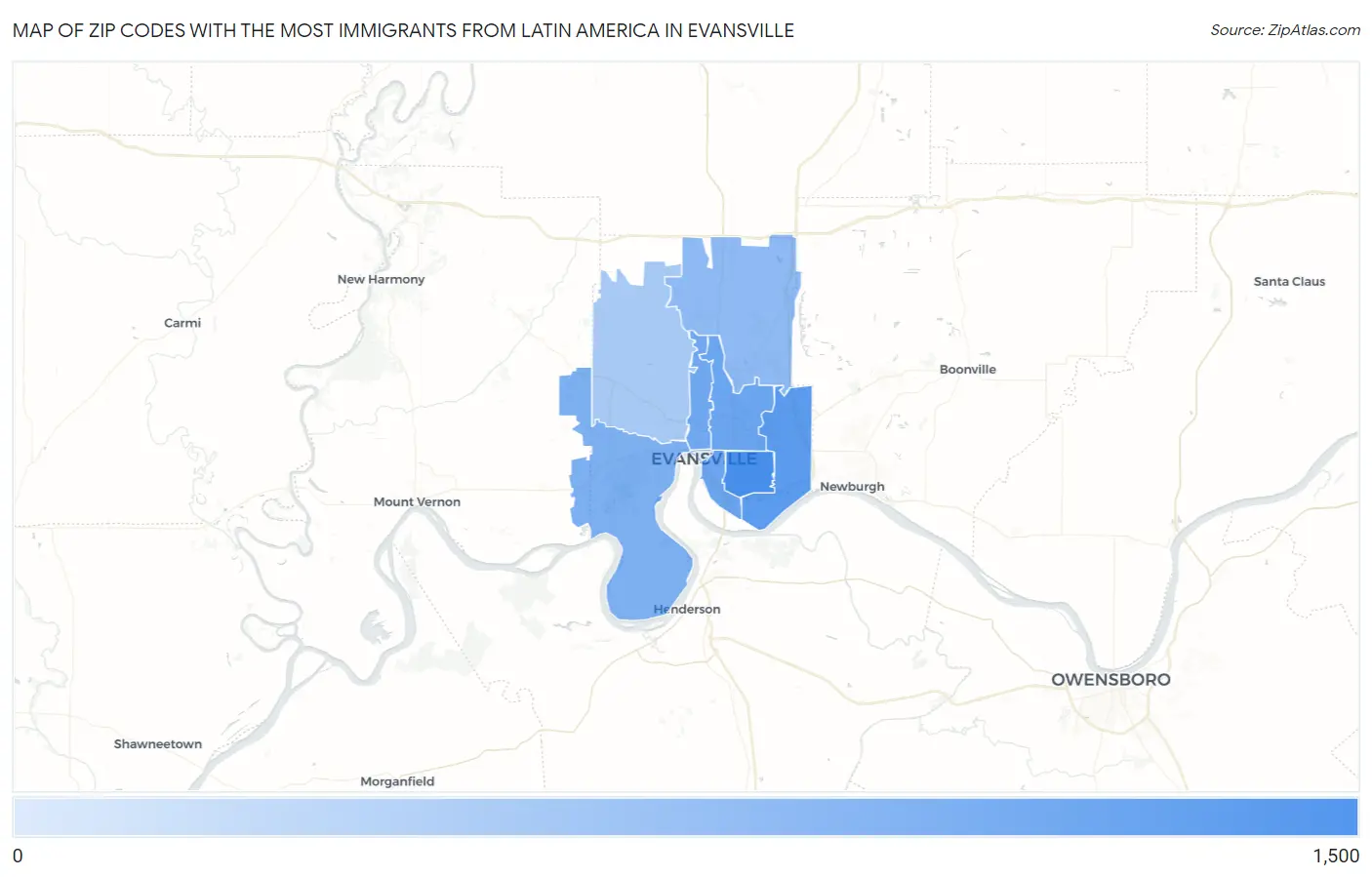 Zip Codes with the Most Immigrants from Latin America in Evansville Map