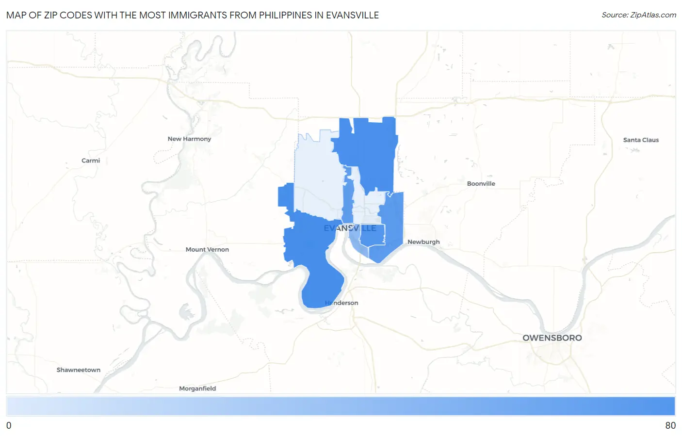 Zip Codes with the Most Immigrants from Philippines in Evansville Map