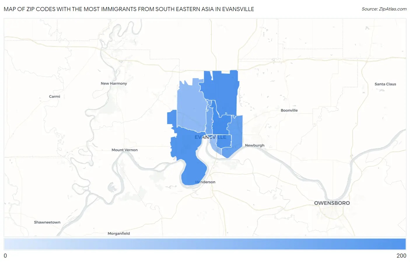 Zip Codes with the Most Immigrants from South Eastern Asia in Evansville Map