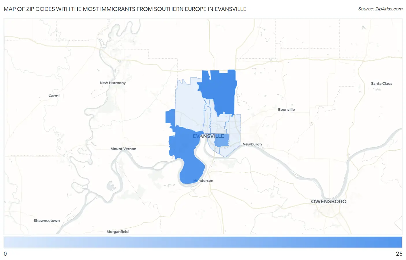 Zip Codes with the Most Immigrants from Southern Europe in Evansville Map