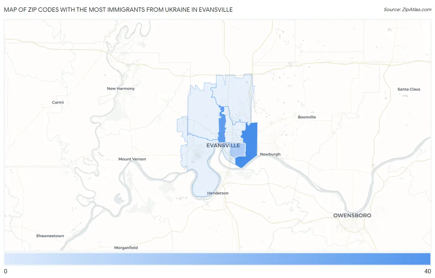 Zip Codes with the Most Immigrants from Ukraine in Evansville Map