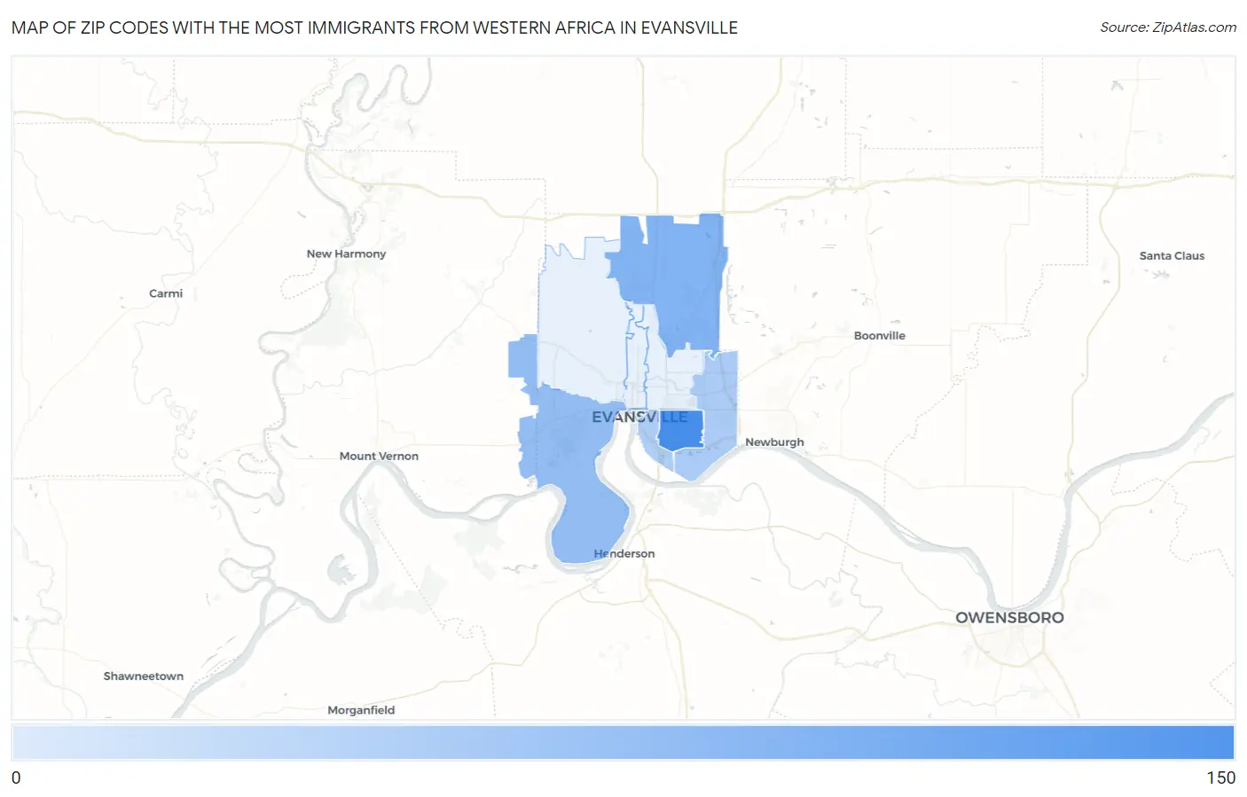 Zip Codes with the Most Immigrants from Western Africa in Evansville Map