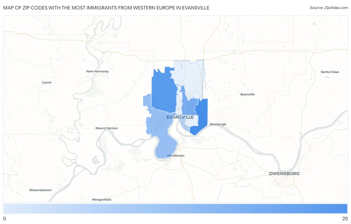 Zip Codes with the Most Immigrants from Western Europe in Evansville Map