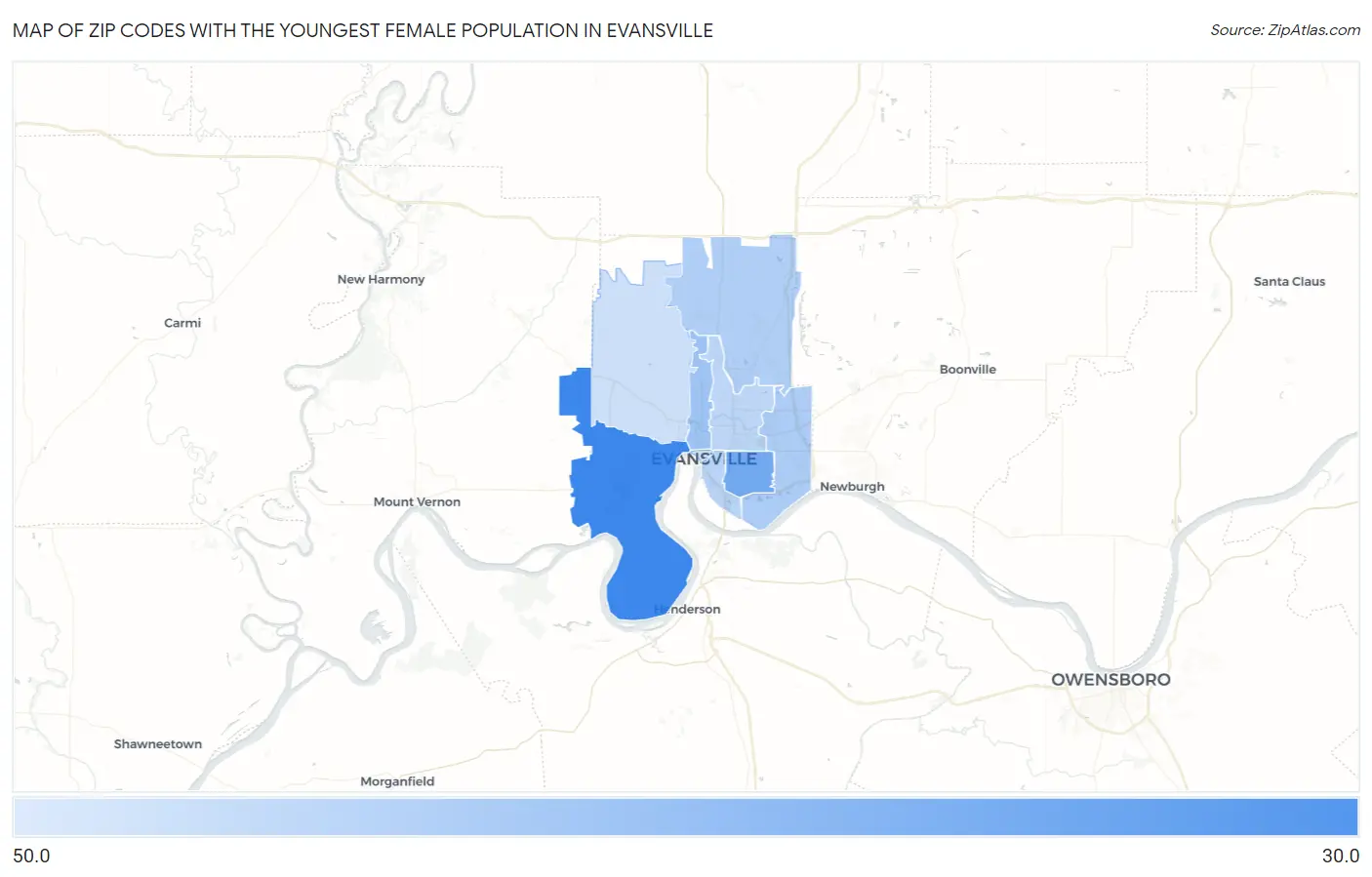 Zip Codes with the Youngest Female Population in Evansville Map